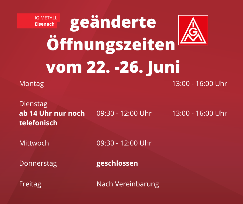 geänderte Öffnungszeiten